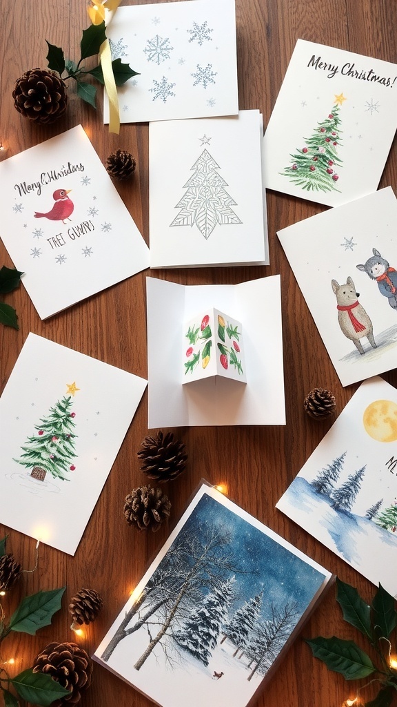 A variety of creative Christmas cards on a table with festive decorations.